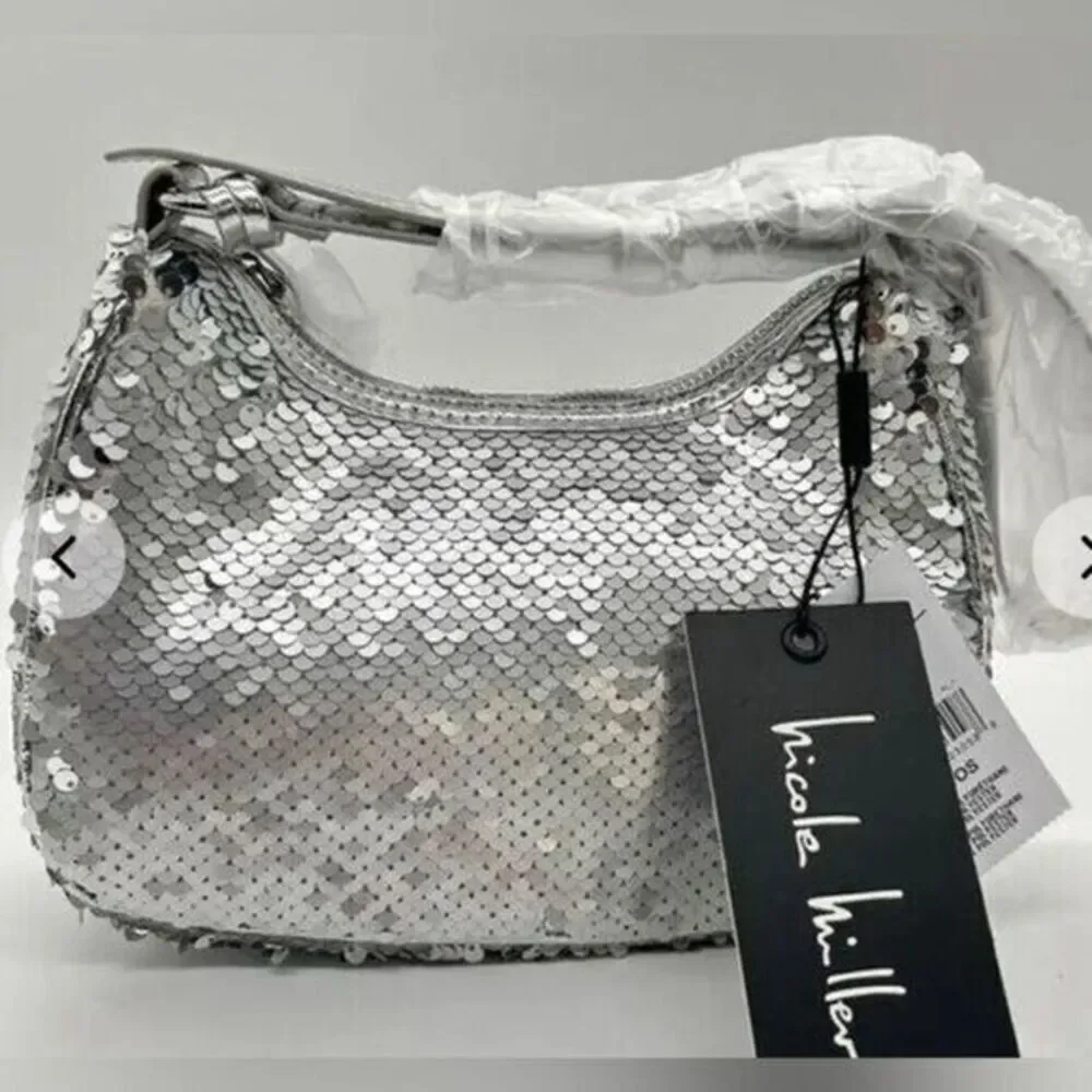 NWT Nicole Miller Silver Sequin Vegan Leather Small HOBO Shoulder Purse Handbag